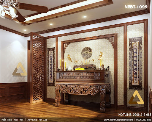Nội thất phòng thờ biệt thự cổ điển sử dụng vật liệu gỗ tự nhiên đảm bảo sự tôn kính trang nghiêm