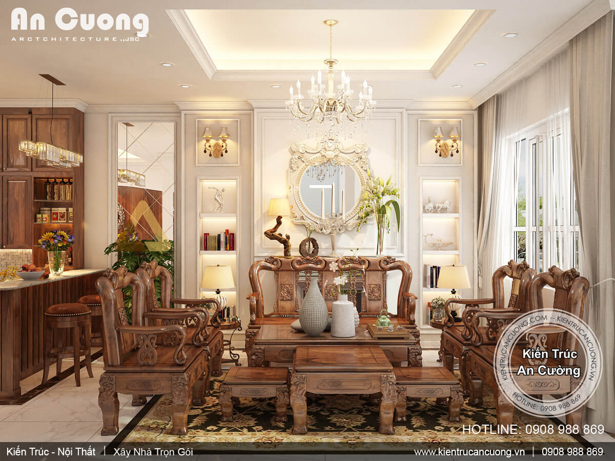 Bộ bàn ghế sofa phòng khách kích thước lớn, trang trí tỉ mỉ, chất liệu cao cấp