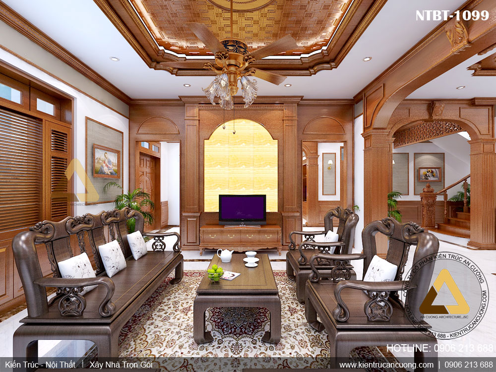 Mẫu thiết kế phòng khách biệt thự tân cổ điển đẹp với tông màu nâu gỗ làm chủ đạo