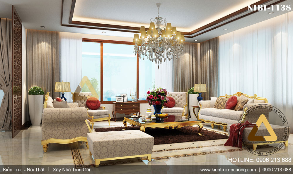 Mẫu thiết kế nội thất phòng khách tân cổ điển, lấp lánh ánh vàng