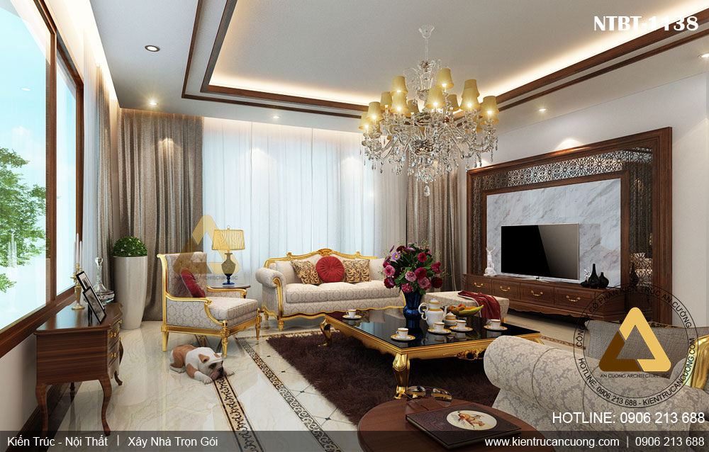 Mẫu thiết kế nội thất phòng khách tân cổ điển, lấp lánh ánh vàng